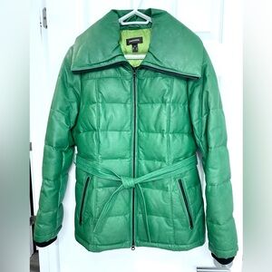 Danier Down Filled Genuine Leather Puffer Coat w/ Waist Tie